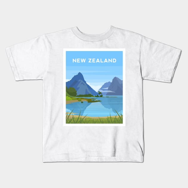 New Zealand - Mitre Peak, Milford Sound Kids T-Shirt by typelab